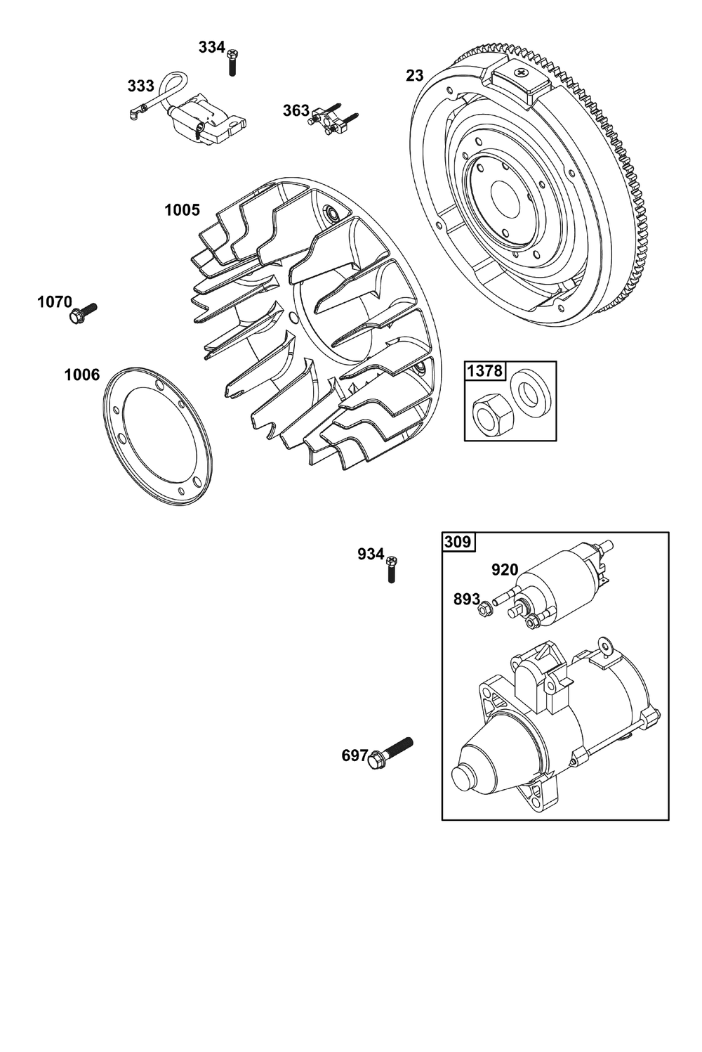 Flywheel, Ignition, And Starter Group Diagram and Parts List for 613377-0001-E1  Briggs and Stratton Engine